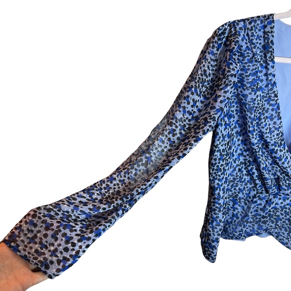 Express Blue Leopard Print Faux Wrap Peplum Top, Large - Picture 3 of 10
